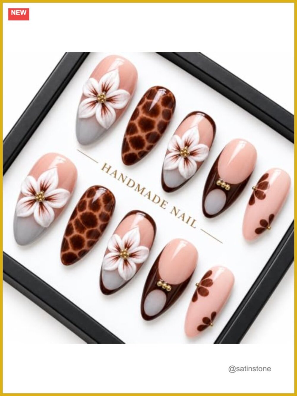 Handmade Press On Nails Medium Almond 3D Floral French Tip Fall 10 Pc